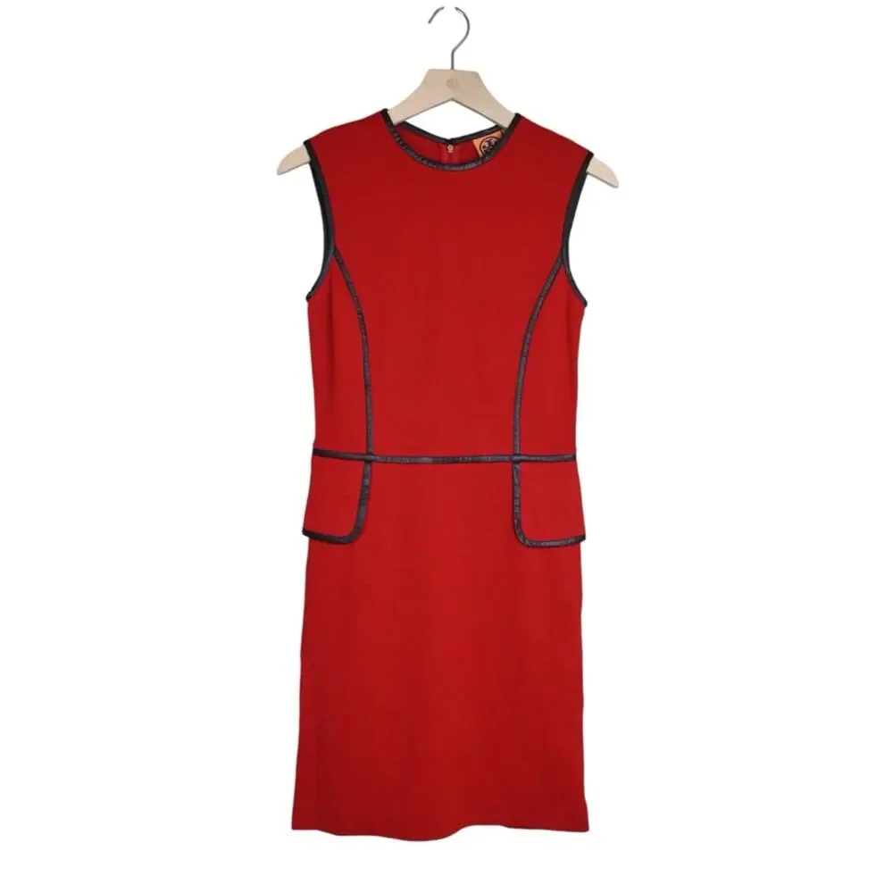 Tory Burch Womens XS Red Wool Blend Sheath Dress with Leather Trim
